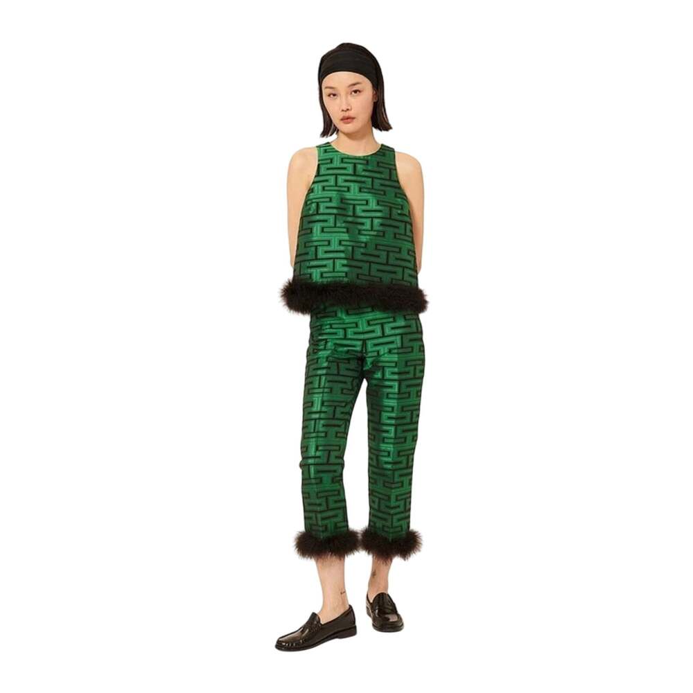 Tara Jarmon Presley Woven Graphic Straight Leg Feather Trim Pants Set Size 4